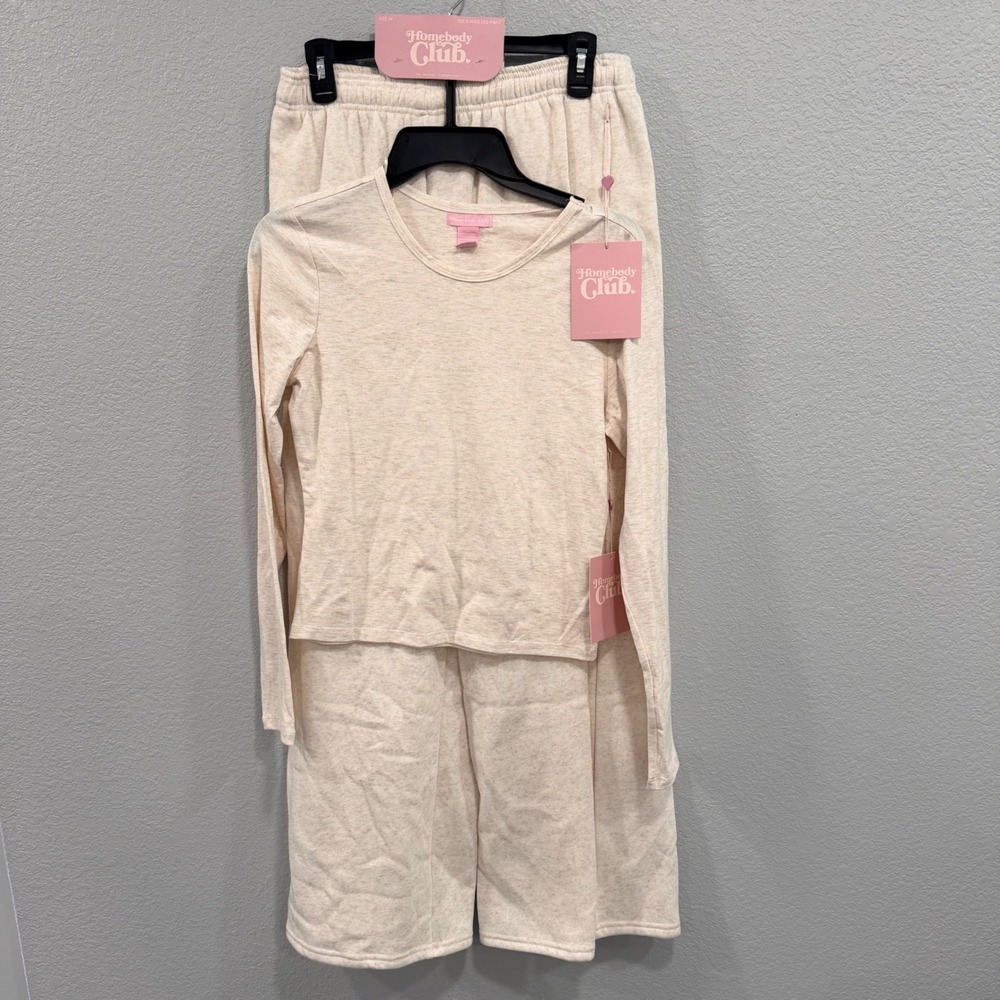 NEW Homebody Club Womens M Oatmeal Heather Long Sleeve Tee Wide Leg Pant Set